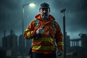 Outdoor worker in a waterproof safety jacket in rainy weather