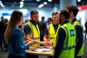 Trade show attendees engaging with team in branded safety gear