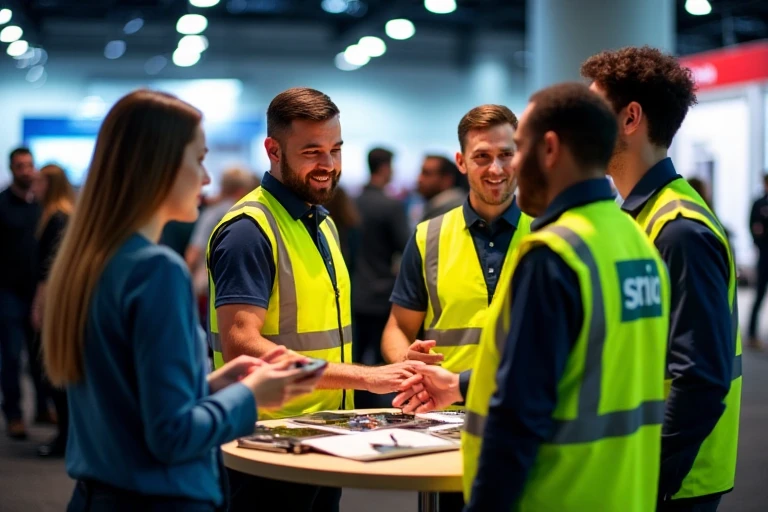 Trade show attendees engaging with team in branded safety gear