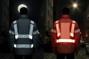 Reflective strips on safety jackets for high visibility in low light