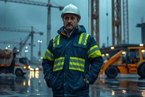 construction worker wearing a waterproof reflective jacket