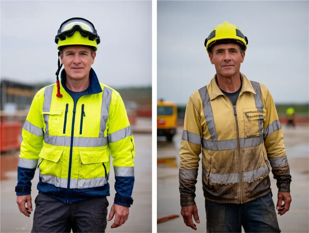 comparison shot showing quality waterproof reflective jacket vs cheap alternative, one keeping worker dry and visible, other soaked and faded