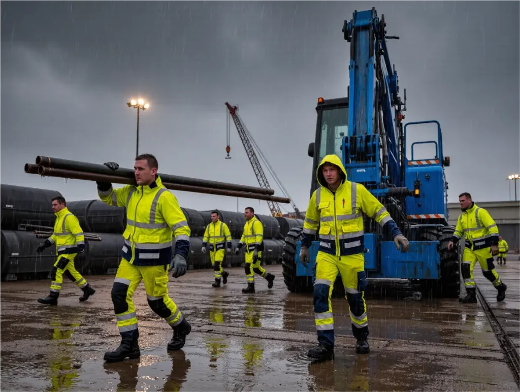 industrial yard with workers in waterproof reflective gear, machinery in background, stormy weather, water droplets on jacket surfaces, dynamic action