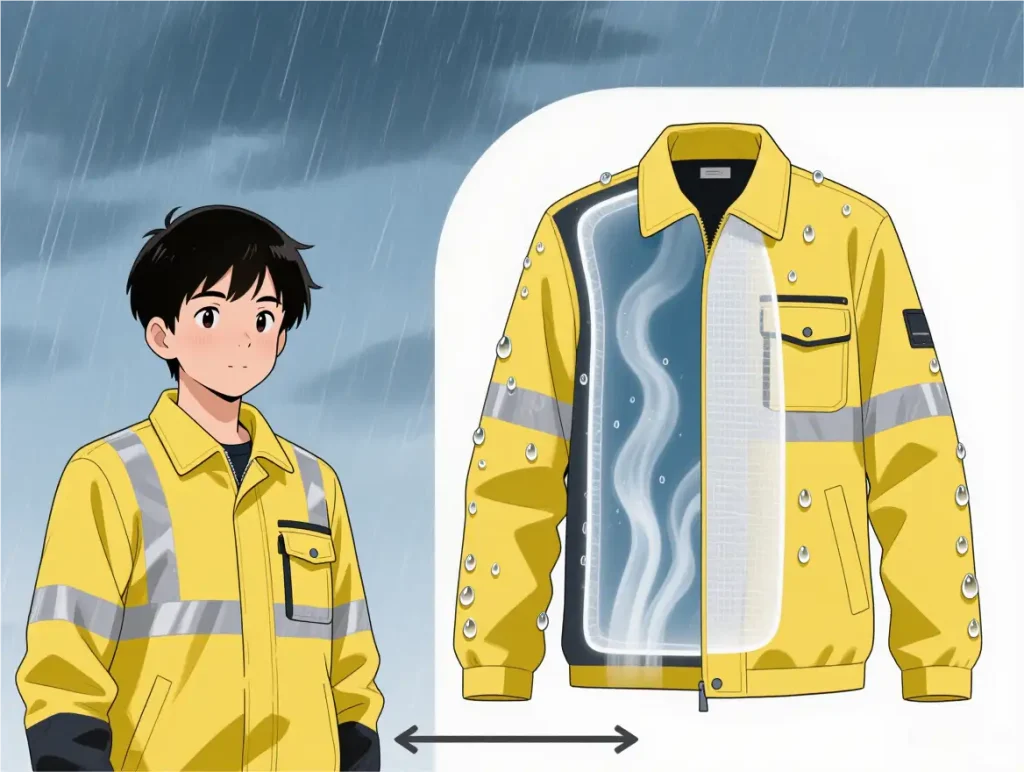 	
technical diagram style showing jacket layers: outer shell, waterproof membrane, inner lining, with water resistance and breathability indicators