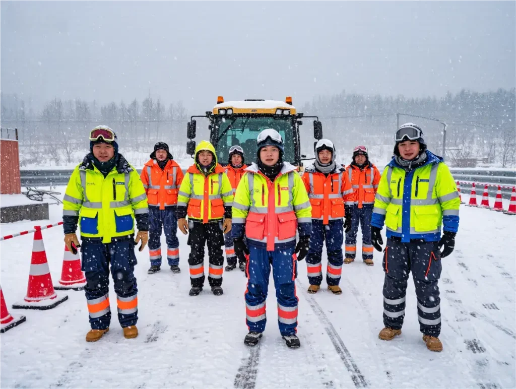 workers in waterproof reflective jackets during snowstorm, bright colors contrasting with white snow, cold weather gear, safety equipment