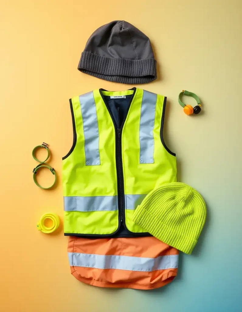 A clean, flat-lay photo on a colorful background showcasing a collection of kids' hi-vis gear: a vest, a backpack cover, a few snap bands, and a beanie with reflective threads