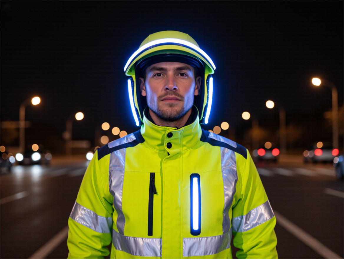 LED-enhanced smart safety jacket with illuminated strips in darkness