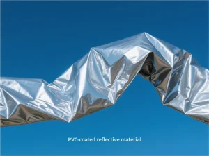 PVC-coated reflective coat with shiny surface, flexible material bending to show durability and weather resistance