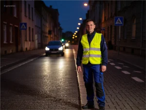 Reflective safety vest with retroreflective strips glowing under car headlights