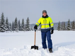 Worker in polar fleece hi-vis jacket standing in snowy winter conditions