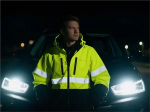 提示词 night driving on dark wet road with headlights illuminating reflective surfaces 在黑暗潮湿的道路上夜间行驶，前灯照亮反射表面 fluorescent yellow high-visibility jacket glowing in car headlights at night