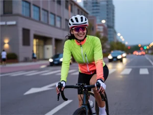 A female cyclist wearing a reflective cycling jacket with neon green and orange colors, riding at dusk on a city street