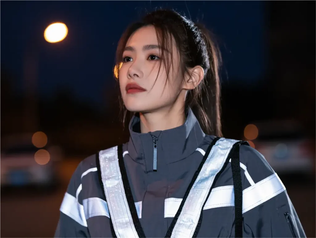 Close-up of a woman's reflective cycling jacket showing retroreflective strips glowing under car headlights at night