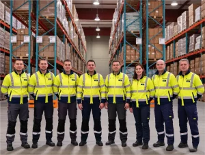 Corporate team wearing custom safety jackets with embroidered logos, standing together at industrial warehouse