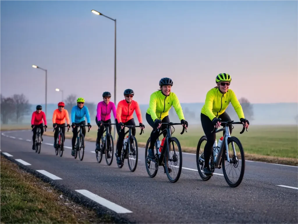 Group of women cyclists wearing various colored reflective jackets during early morning training ride
