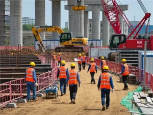 construction workers wearing bright orange safety vests with reflective strips on a busy construction site with heavy machinery