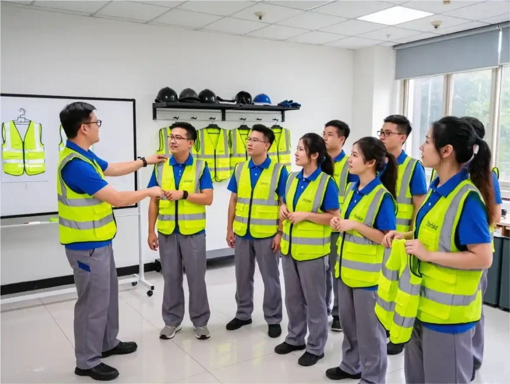 safety training session showing workers how to properly wear and maintain high-visibility vests