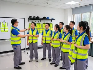 safety training session showing workers how to properly wear and maintain high-visibility vests