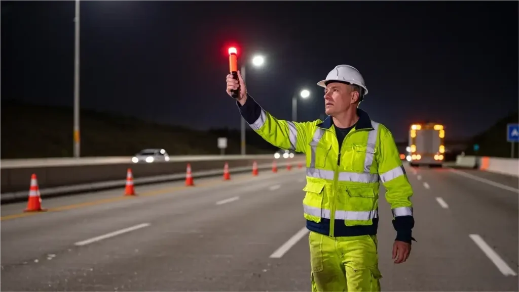 Roadway worker in ANSI Class 3 high-visibility jacket with reflective material, directing traffic on a highway at night