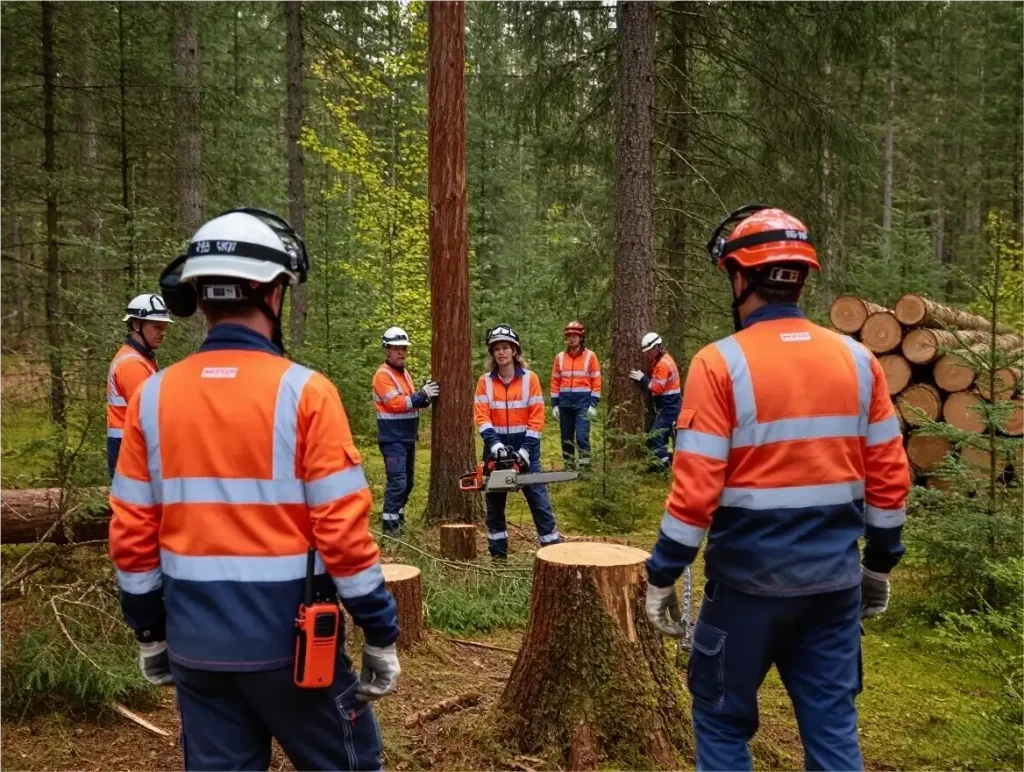 High-visibility orange safety jacket contrasting against natural forest background, forestry crew at work
