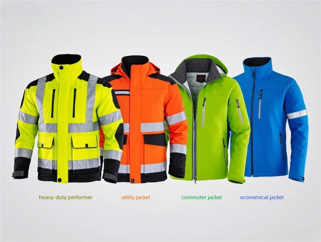 Comparison of four different safety jackets side by side: heavy-duty performer, utility jacket, commuter jacket, economical jacket, varying insulation levels and features visible