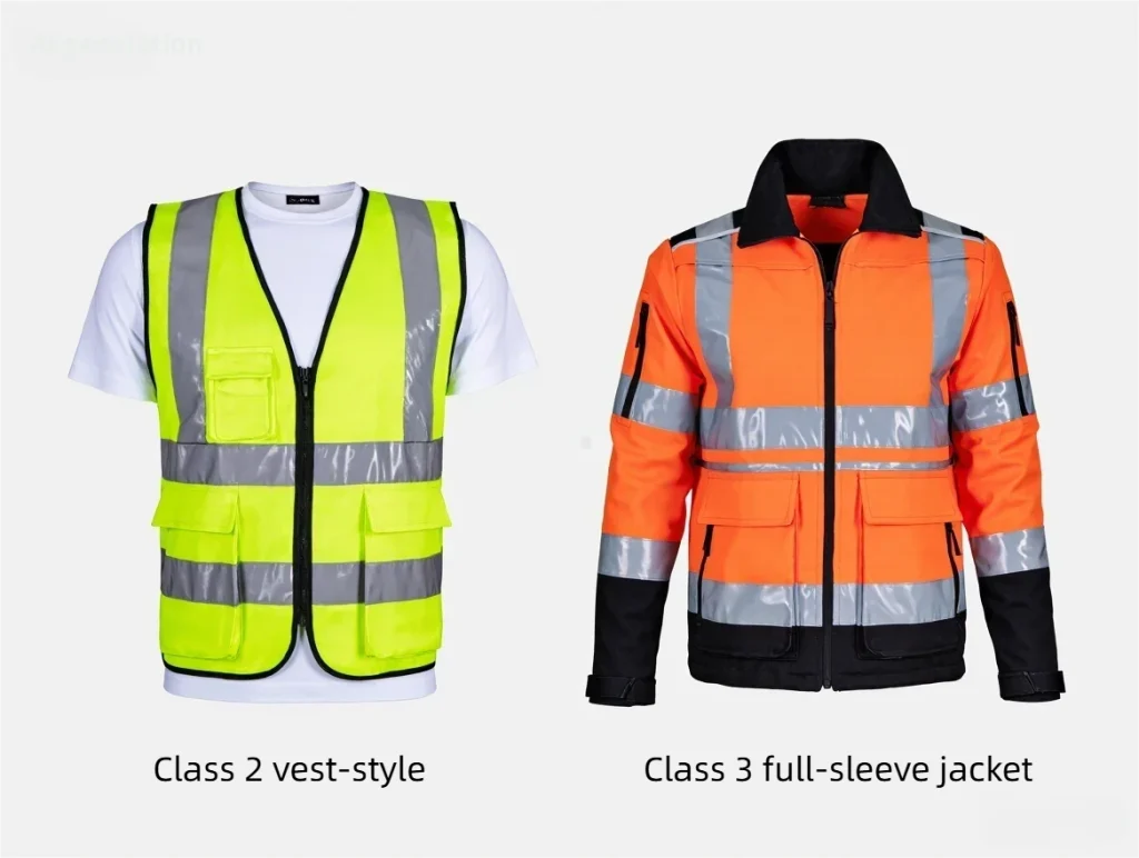 Comparison side-by-side: Class 2 vest-style vs Class 3 full-sleeve jacket, showing coverage area difference