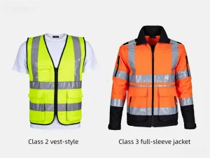 Comparison side-by-side: Class 2 vest-style vs Class 3 full-sleeve jacket, showing coverage area difference