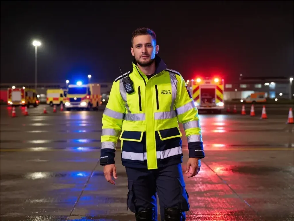 Emergency responder in full-sleeve Class 3 jacket, reflective microprism tape, airport runway at night, emergency lights flashing