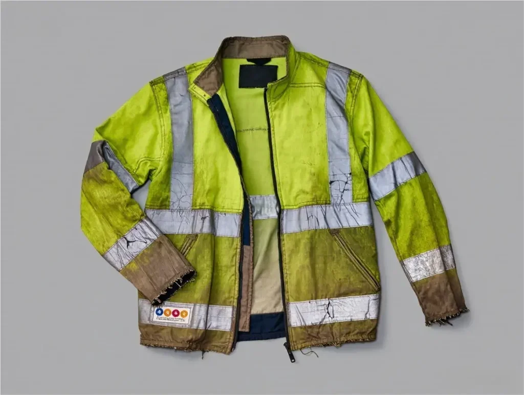 "Faded safety jacket with cracked reflective tape, colors washed out, ANSI label illegible, needing replacement