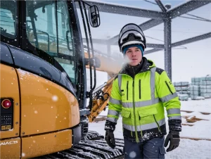 Industrial worker in heavy-duty safety jacket working in snowy construction site
