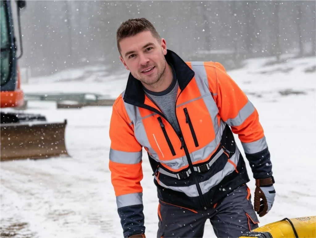 Laborer bending and reaching while wearing utility safety jacket, stretch fabric panels, two-way zipper, adjustable waistband, light snow environment, comfortable mobility demonstration