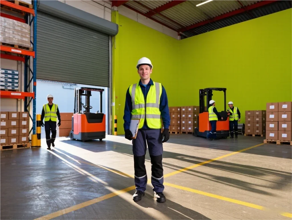 Worker in ANSI Class 2 safety vest, daytime warehouse loading zone, moderate traffic, fluorescent yellow-green background material