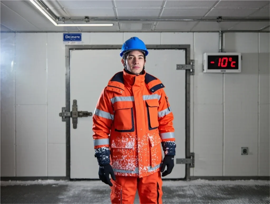 Jacket in freezer simulation room at -10°C, thermal insulation performance test, frost forming on exterior, worker comfort maintained in controlled cold chamber