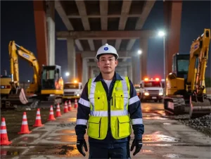 ANSI Class 3 fluorescent yellow safety vest with full-sleeve reflective protection, worn by emergency responders at night construction site