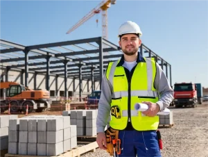 Construction worker wearing high-visibility multi-pocket safety vest on building site, reflective strips glowing, tools in pockets, safety helmet, realistic daylight scene