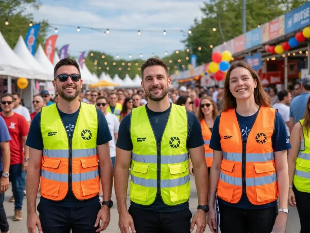 Event management staff in lightweight safety vests with printed logos at a crowded public gathering, vibrant colors, professional appearance, attendees in background, festival atmosphere