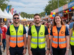 Event management staff in lightweight safety vests with printed logos at a crowded public gathering, vibrant colors, professional appearance, attendees in background, festival atmosphere