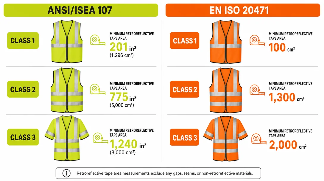 Infographic comparing ANSI and EN ISO hi-vis class requirements with minimum visibility area illustrations