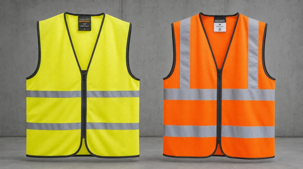 Side-by-side comparison of ANSI and EN ISO certified hi-vis safety vests showing different reflective tape patterns and colors