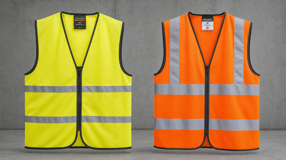 Side-by-side comparison of ANSI and EN ISO certified hi-vis safety vests showing different reflective tape patterns and colors