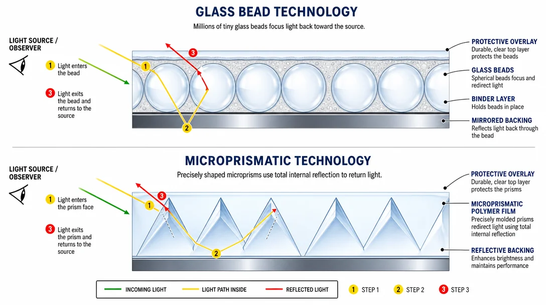 Microscopic cross-section comparison showing glass bead retroreflective tape structure versus microprismatic tape structure with light ray paths