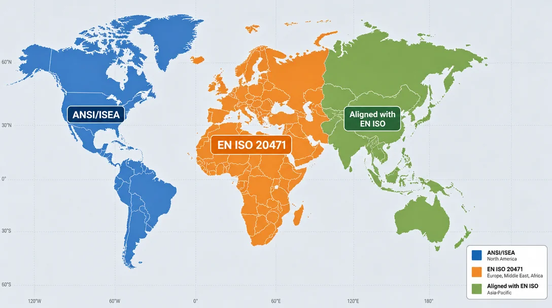 World map showing regions using ANSI versus EN ISO hi-vis safety standards