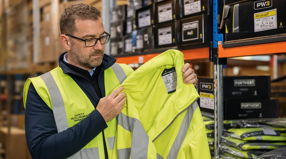 Procurement manager reviewing hi-vis safety jackets in warehouse, examining certification labels and garment quality
