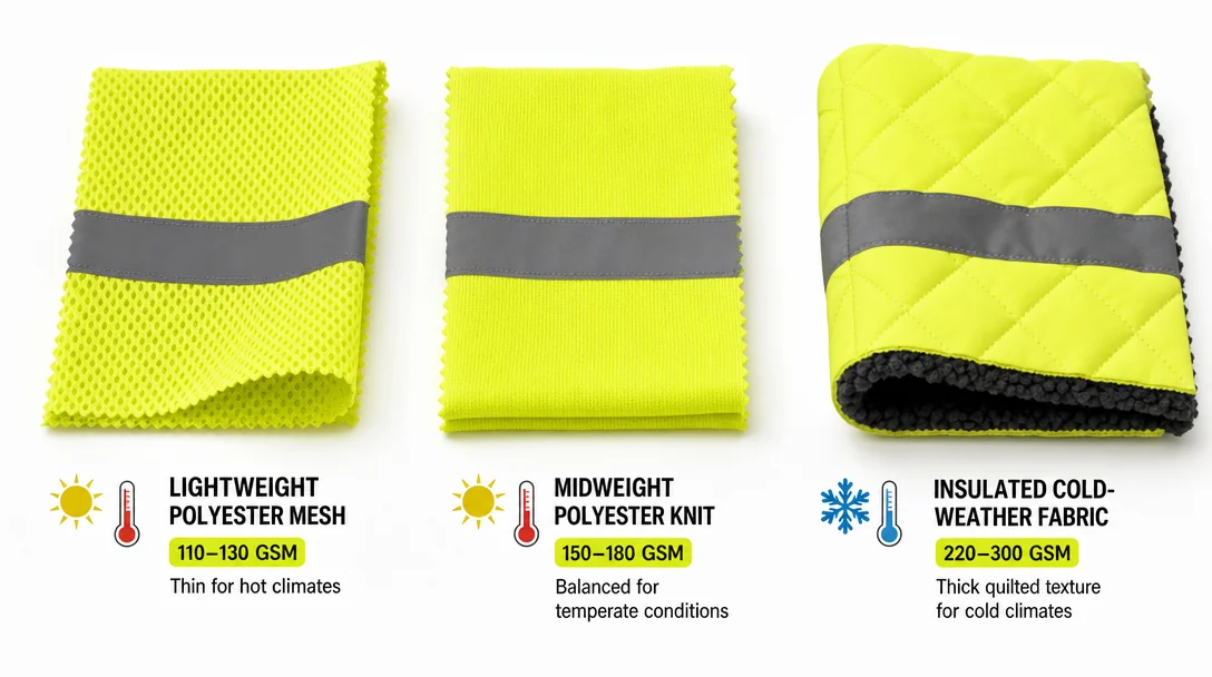 Three hi-vis jacket fabrics showing different GSM weights: lightweight mesh, midweight knit, and insulated cold-weather material