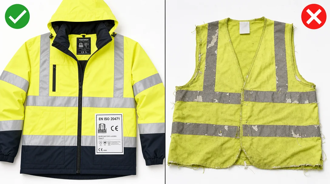 Comparison of certified hi-vis garment with proper labels versus uncertified garment with poor quality reflective tape
