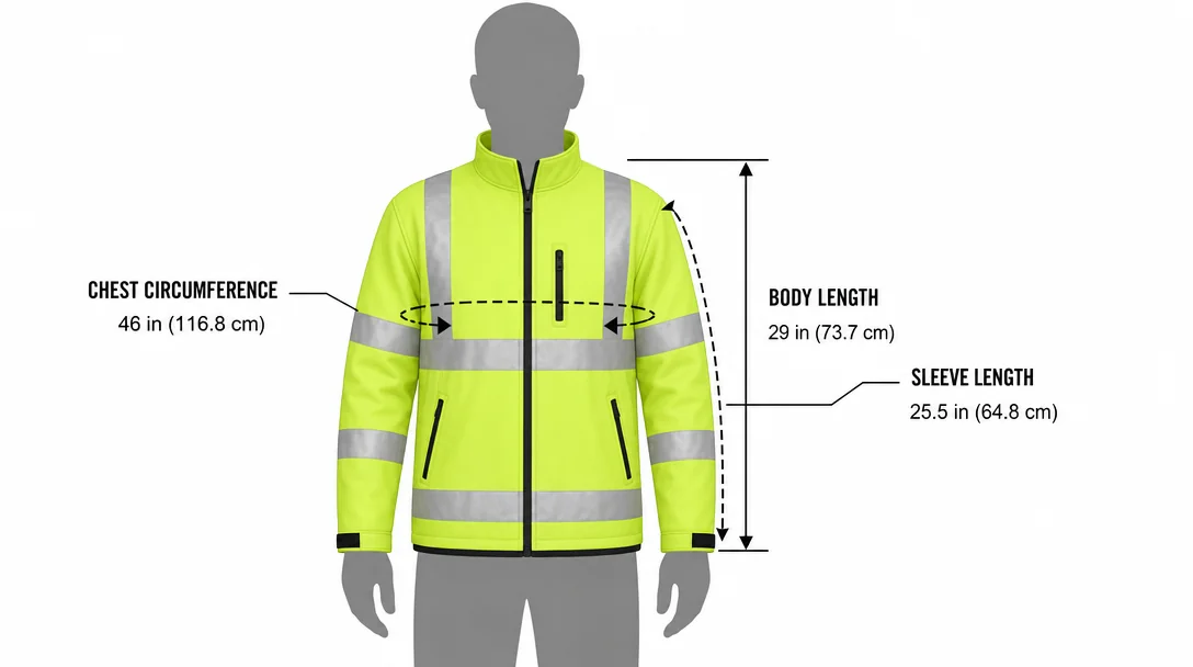 Technical illustration showing key body measurements for hi-vis safety jacket sizing: chest, length, and sleeve length