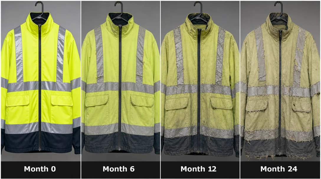 Progressive degradation of a hi-vis safety jacket from new condition to faded, cracked tape, and worn fabric after extended use