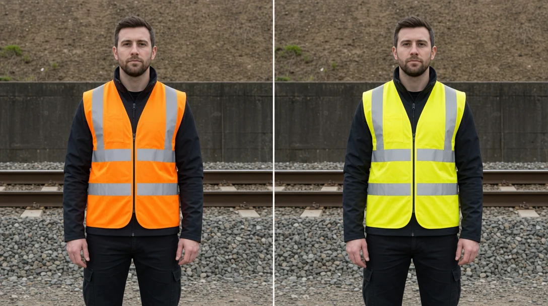 Orange vs yellow hi-vis comparison showing contrast against railway ballast and tunnel backgrounds