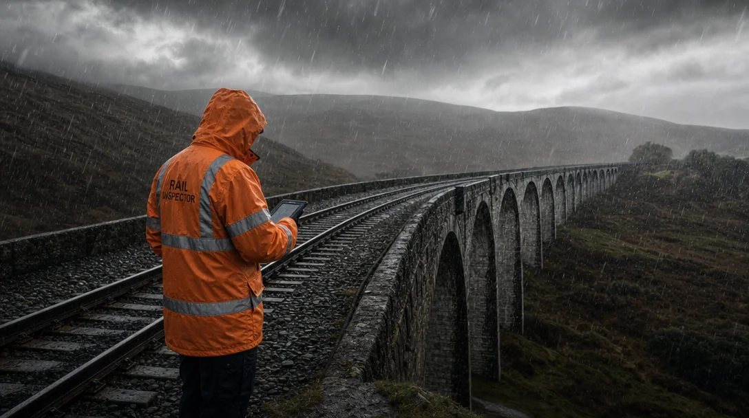Railway worker in orange waterproof hi-vis jacket working in heavy rain on exposed viaduct