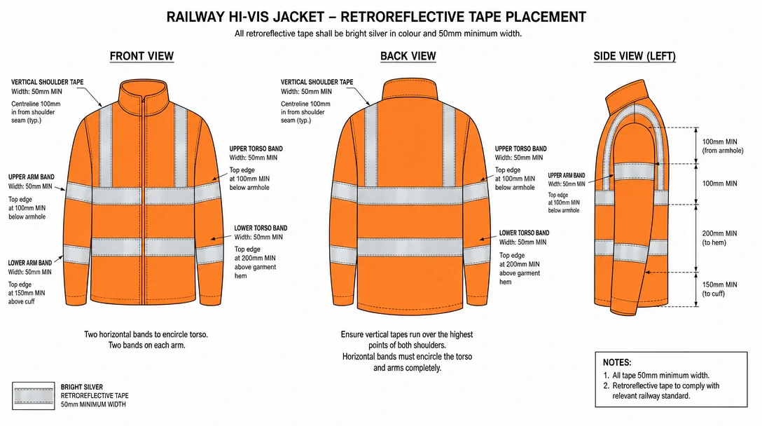 Technical diagram showing correct retroreflective tape placement patterns on railway hi-vis garments with torso and shoulder bands